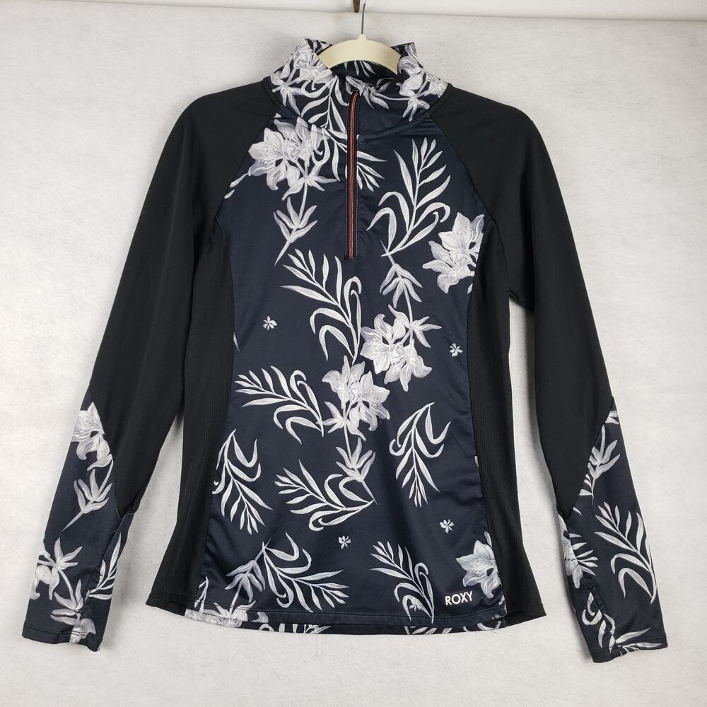 Roxy Women's M Long Sleeve Rash Guard Sun Shirt Black White Floral Hawaiian